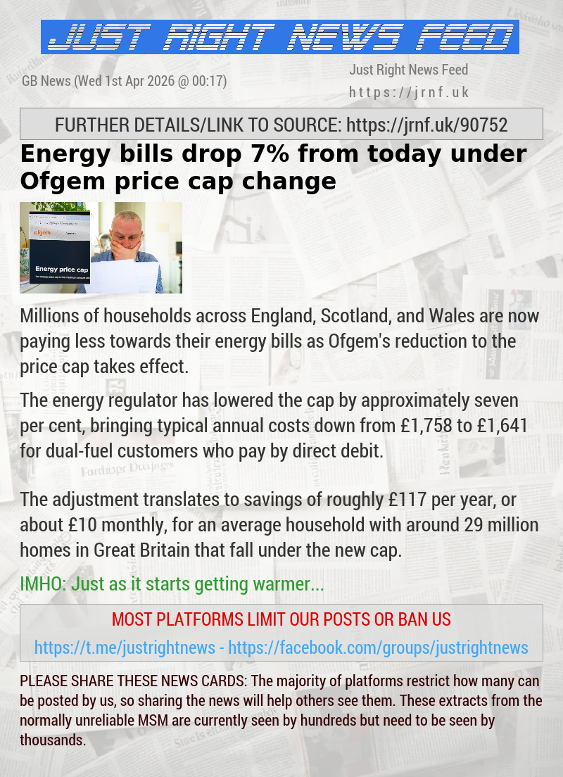 Energy bills drop 7% from today under Ofgem price cap change