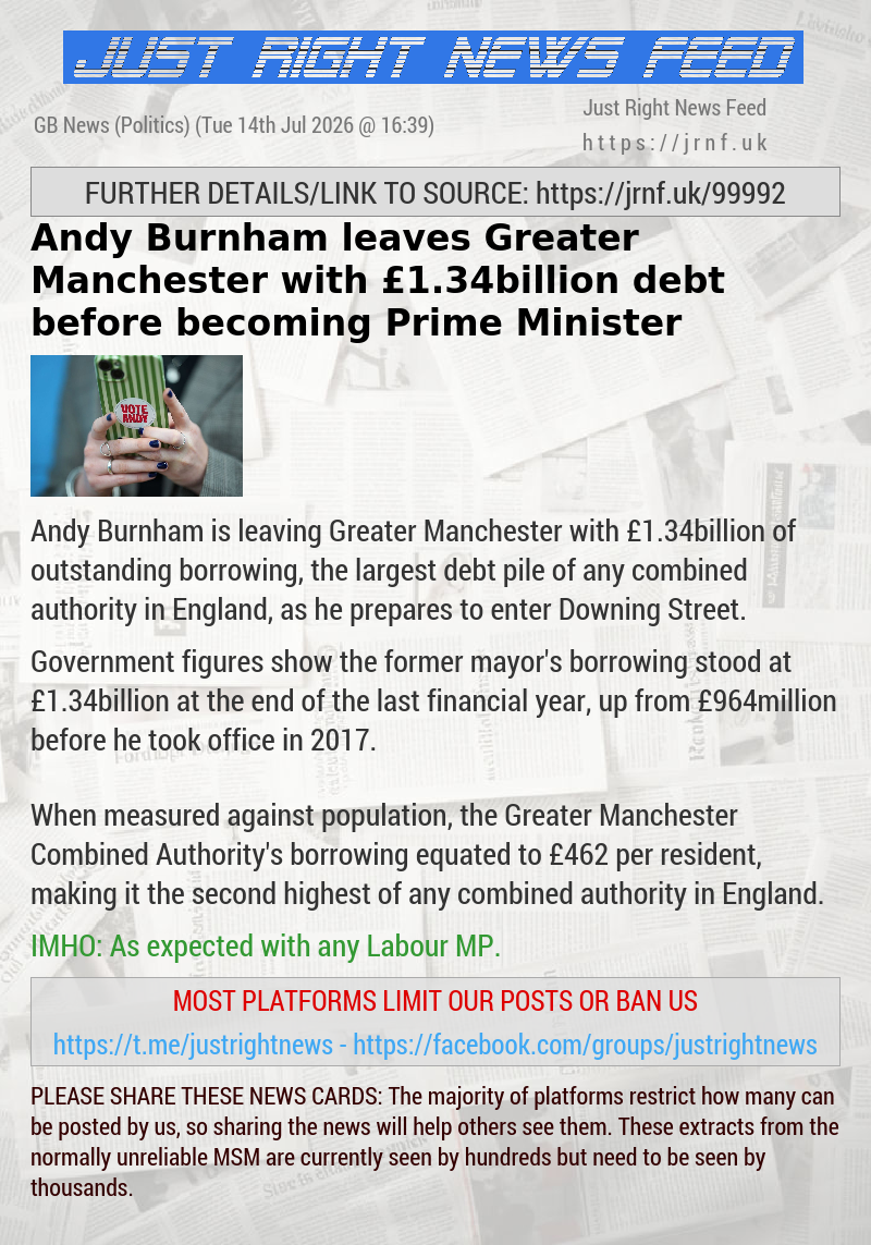 Andy Burnham leaves Greater Manchester with &pound;1.34billion debt before becoming Prime Minister