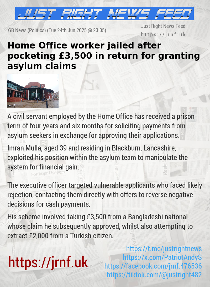 Home Office worker jailed after pocketing £3,500 in return for granting asylum claims