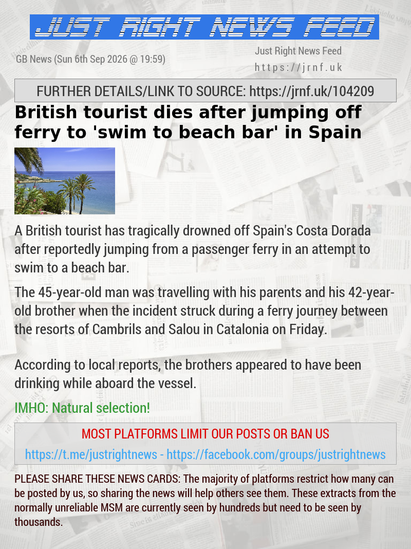 British tourist dies after jumping off ferry to ’swim to beach bar’ in Spain