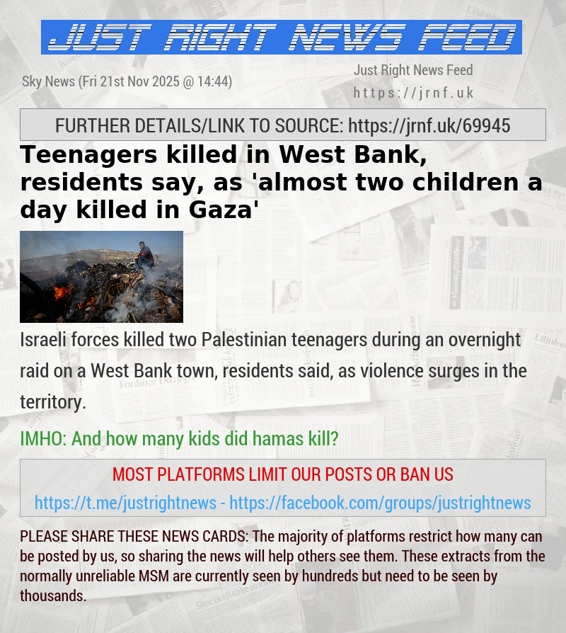 Teenagers killed in West Bank, residents say, as ’almost two children a day killed in Gaza’