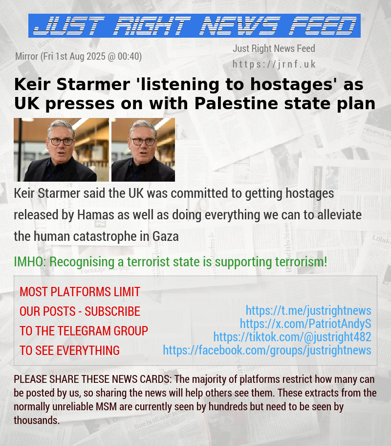Keir Starmer ’listening to hostages’ as UK presses on with Palestine state plan