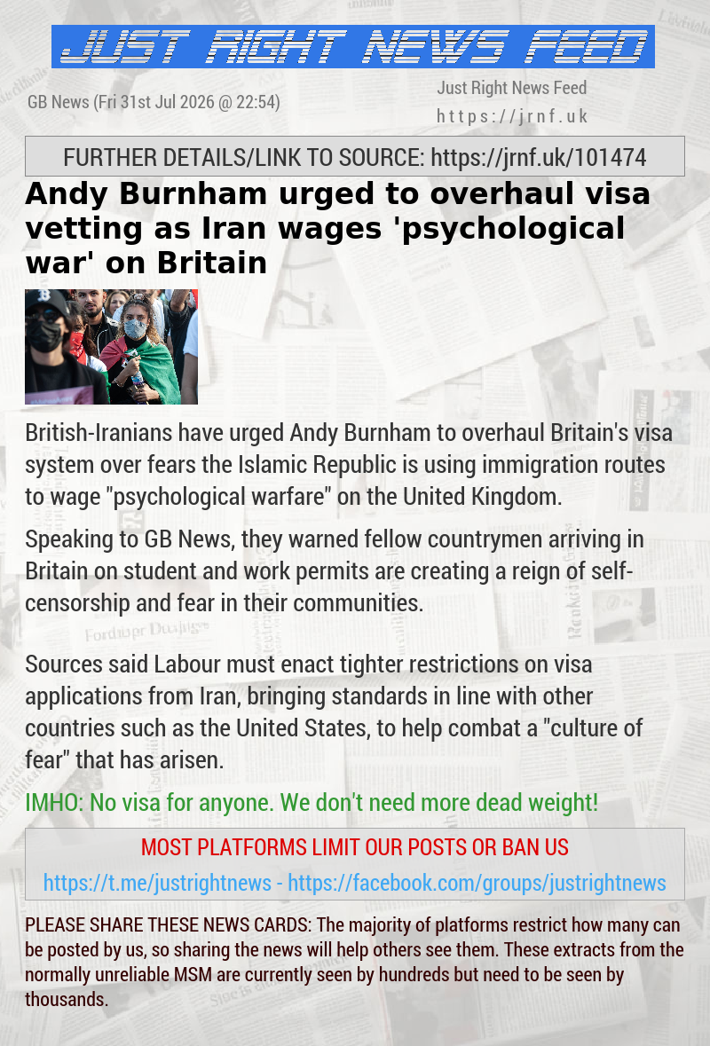 Andy Burnham urged to overhaul visa vetting as Iran wages ‘psychological war’ on Britain