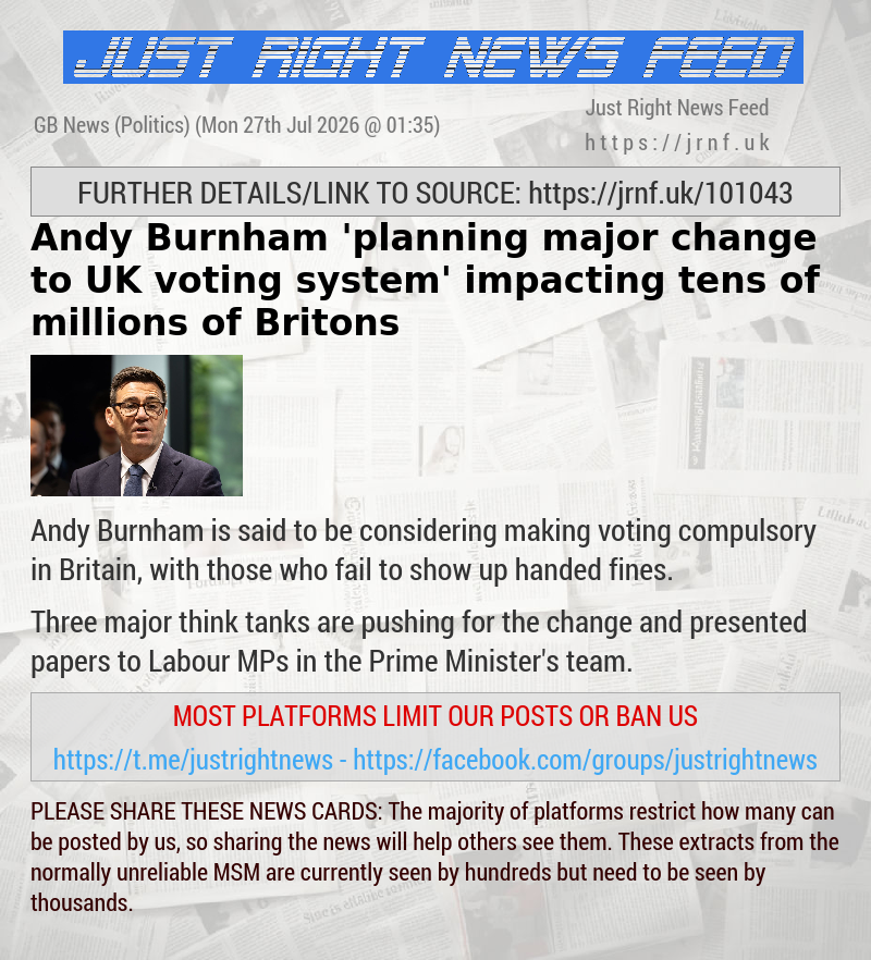 Andy Burnham ’planning major change to UK voting system’ impacting tens of millions of Britons