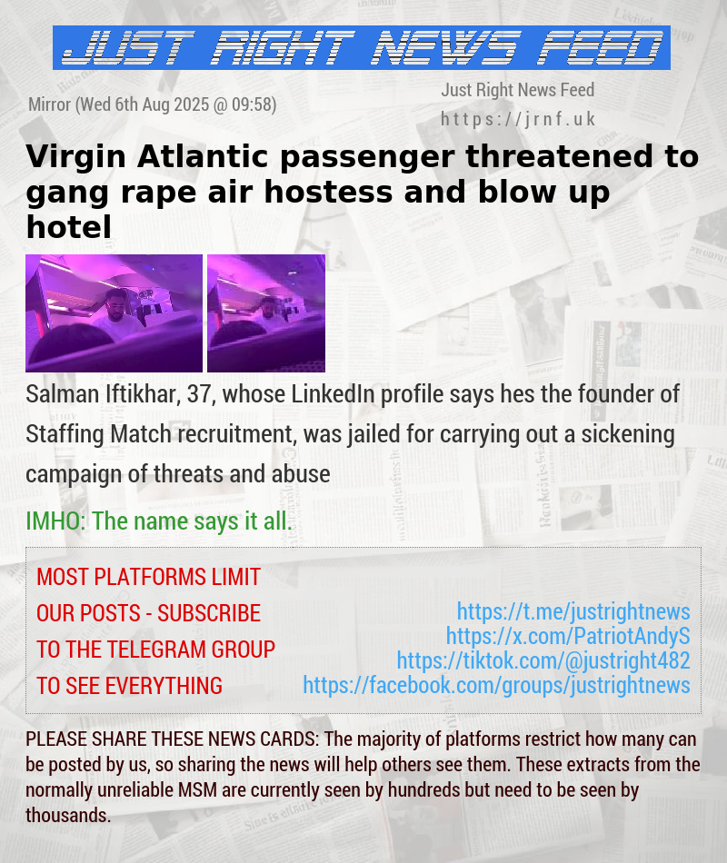 Virgin Atlantic passenger threatened to gang rape air hostess and blow up hotel