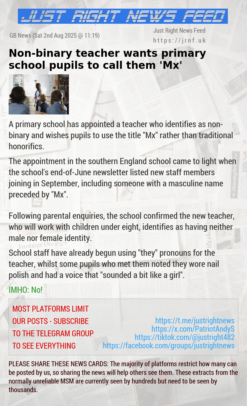 Non—binary teacher wants primary school pupils to call them ’Mx’