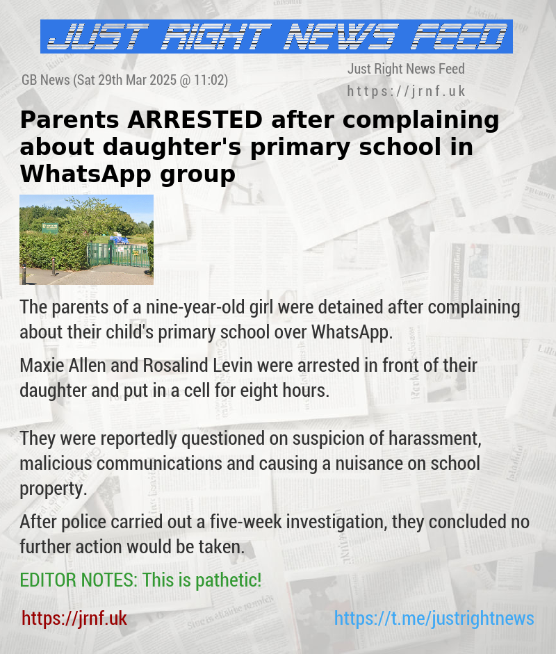 Parents ARRESTED after complaining about daughter’s primary school in WhatsApp group