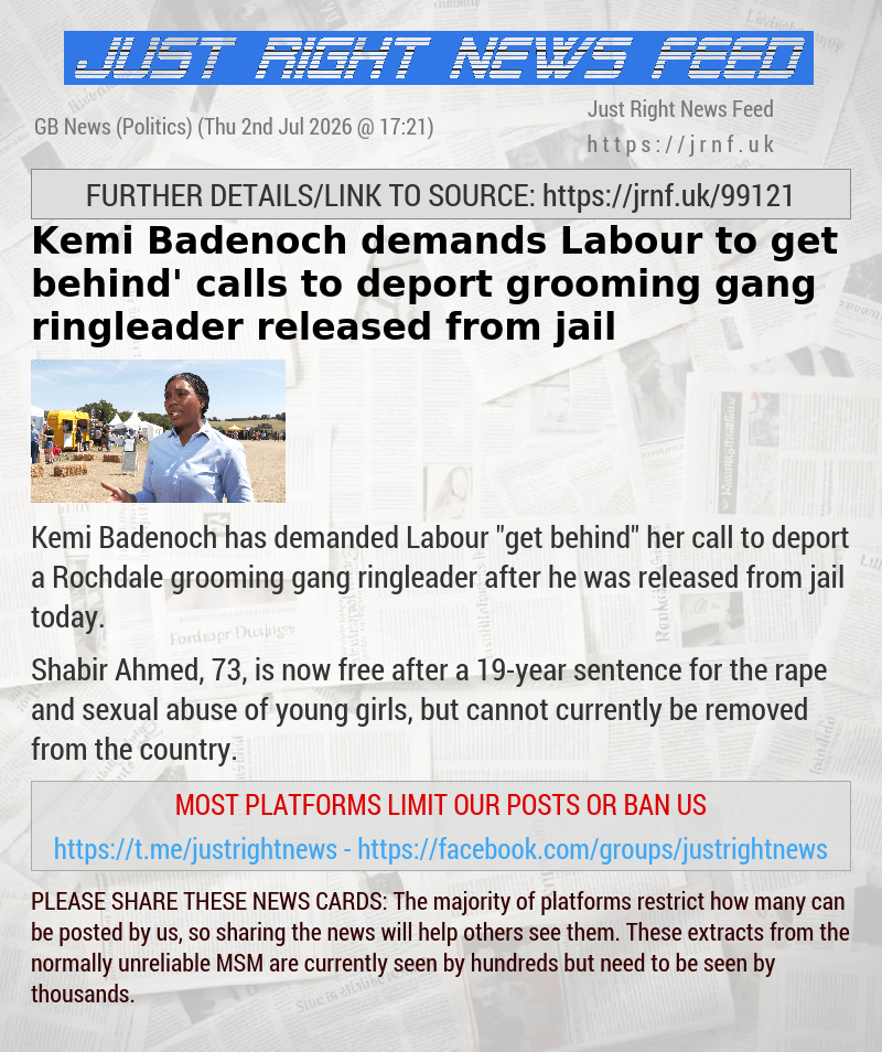 Kemi Badenoch demands Labour to ‘get behind’ calls to deport grooming gang ringleader released from jail