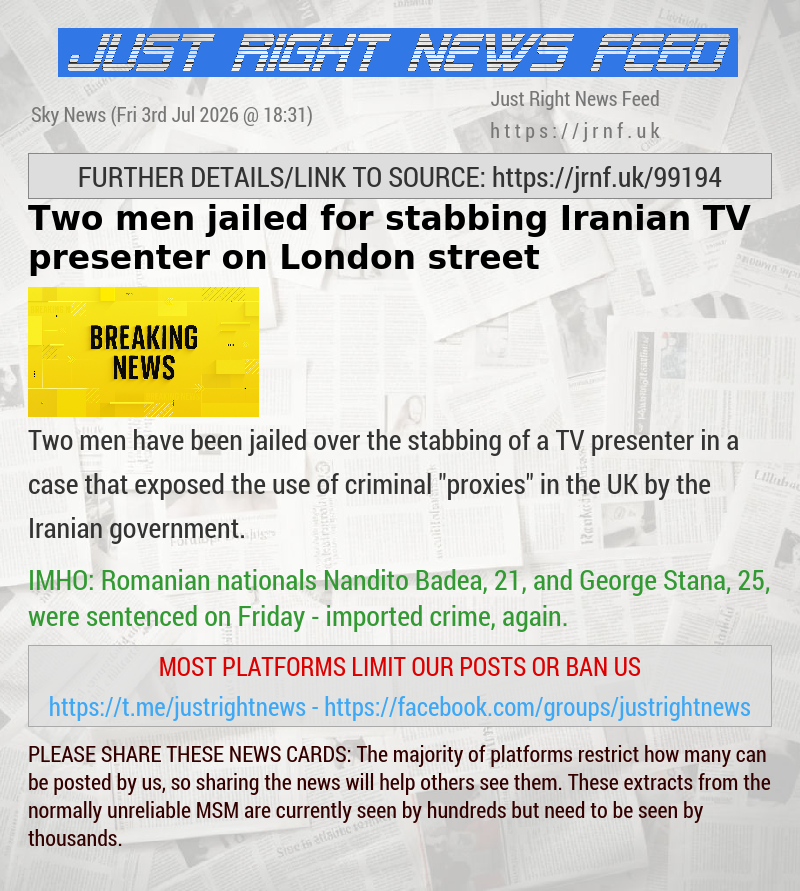 Two men jailed for stabbing Iranian TV presenter on London street