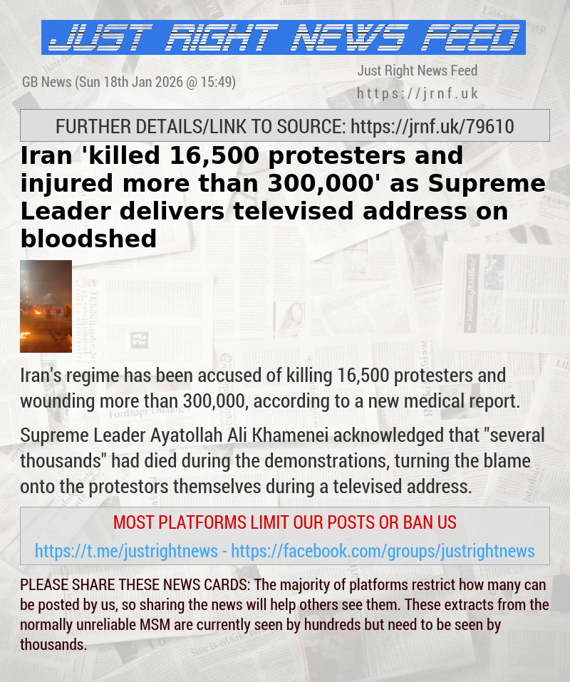 Iran ’killed 16,500 protesters and injured more than 300,000’ as Supreme Leader delivers televised address on bloodshed