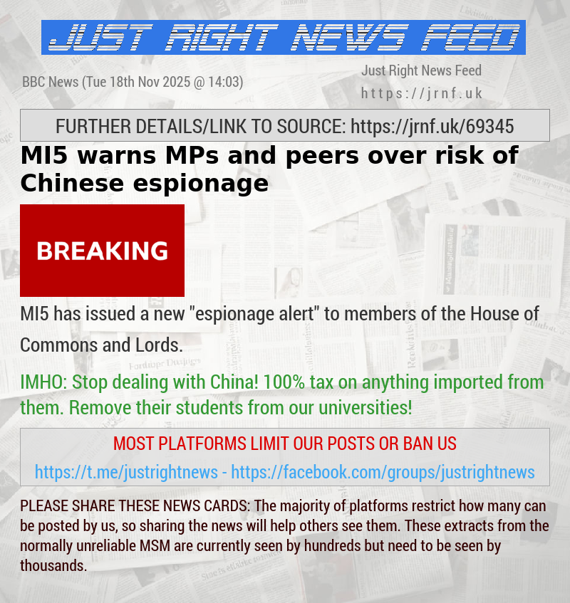 MI5 warns MPs and peers over risk of Chinese espionage