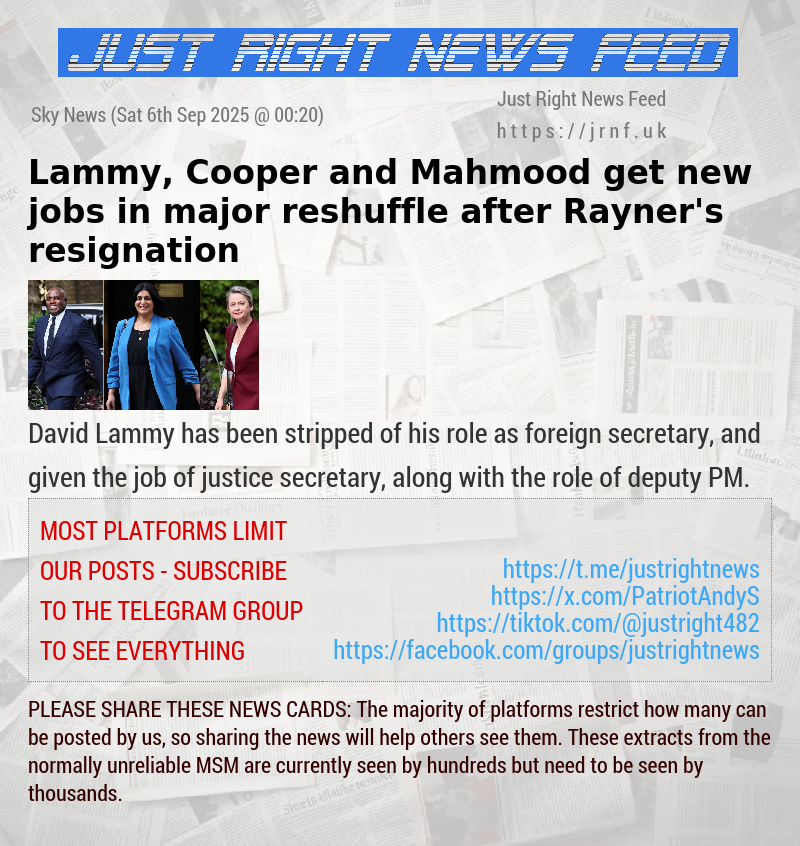 Lammy, Cooper and Mahmood get new jobs in major reshuffle after Rayner’s resignation