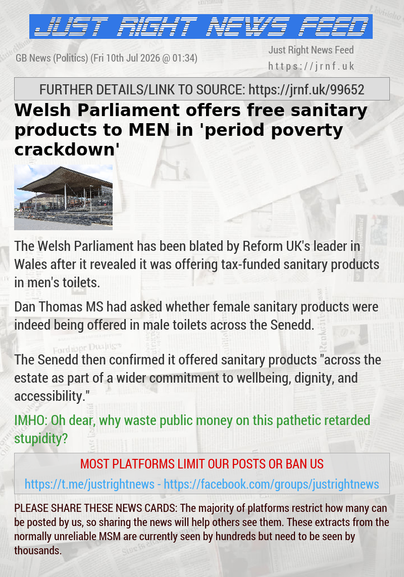 Welsh Parliament offers free sanitary products to MEN in ’period poverty crackdown’