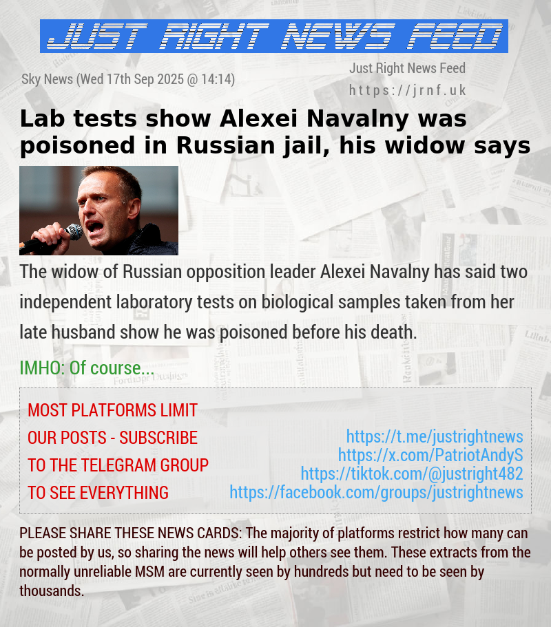 Lab tests show Alexei Navalny was poisoned in Russian jail, his widow says