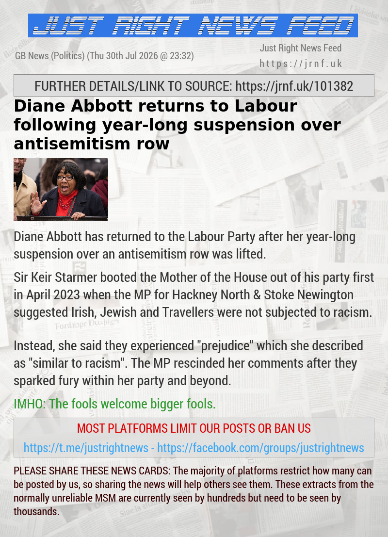 Diane Abbott returns to Labour following year—long suspension over antisemitism row