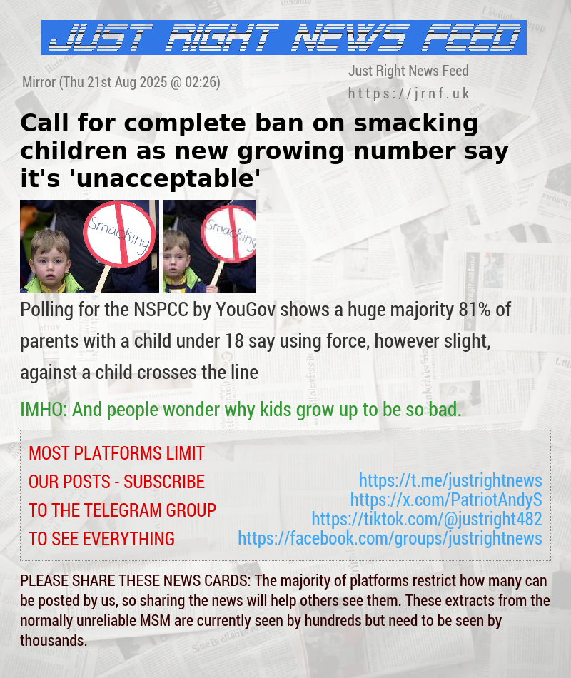 Call for complete ban on smacking children as new growing number say it’s ’unacceptable’