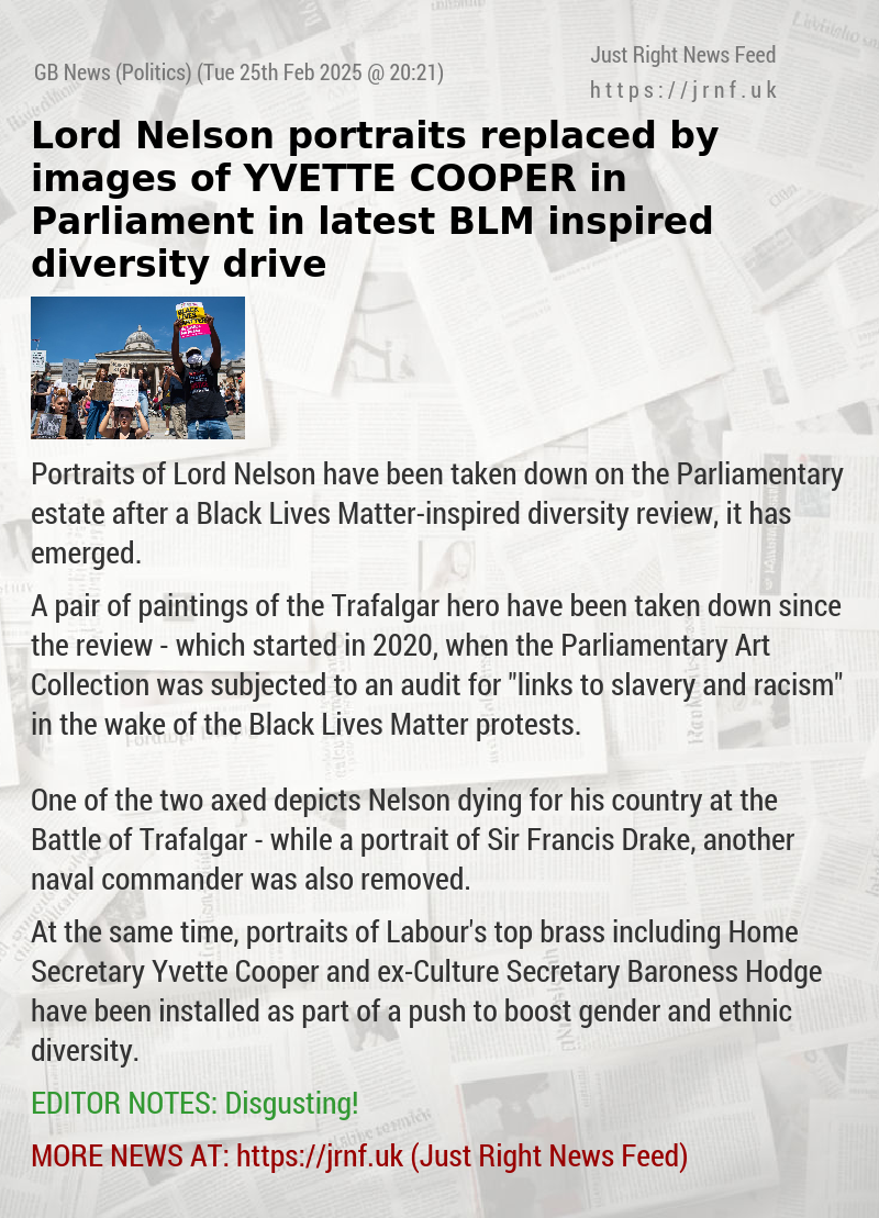 Lord Nelson portraits replaced by images of YVETTE COOPER in Parliament in latest BLM—inspired diversity drive