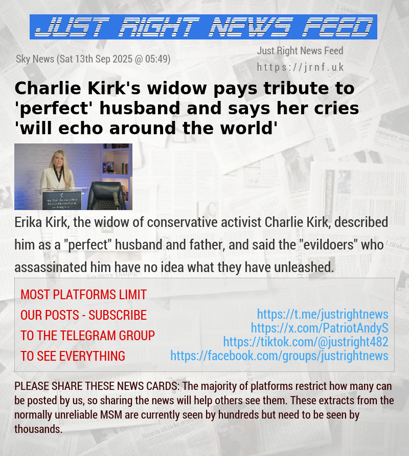 Charlie Kirk’s widow pays tribute to ’perfect’ husband and says her cries ’will echo around the world’