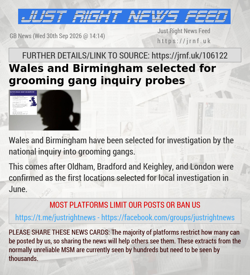 Wales and Birmingham selected for grooming gang inquiry probes