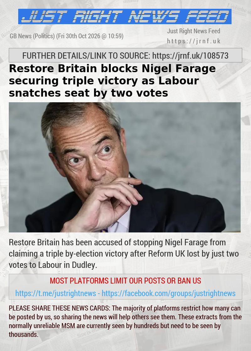 Restore Britain blocks Nigel Farage securing triple victory as Labour snatches seat by two votes