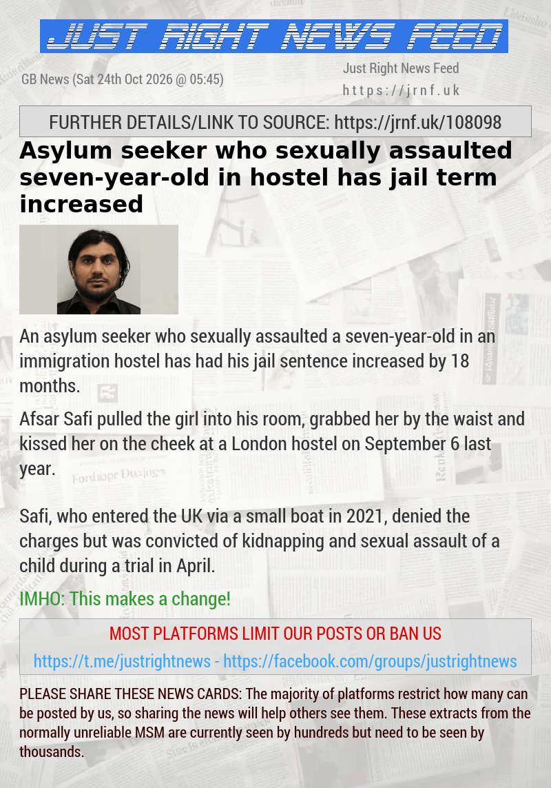Asylum seeker who sexually assaulted seven—year—old in hostel has jail term increased