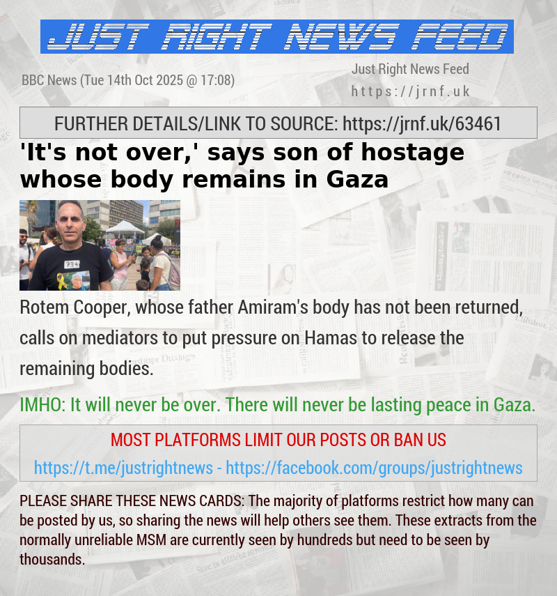 ’It’s not over,’ says son of hostage whose body remains in Gaza