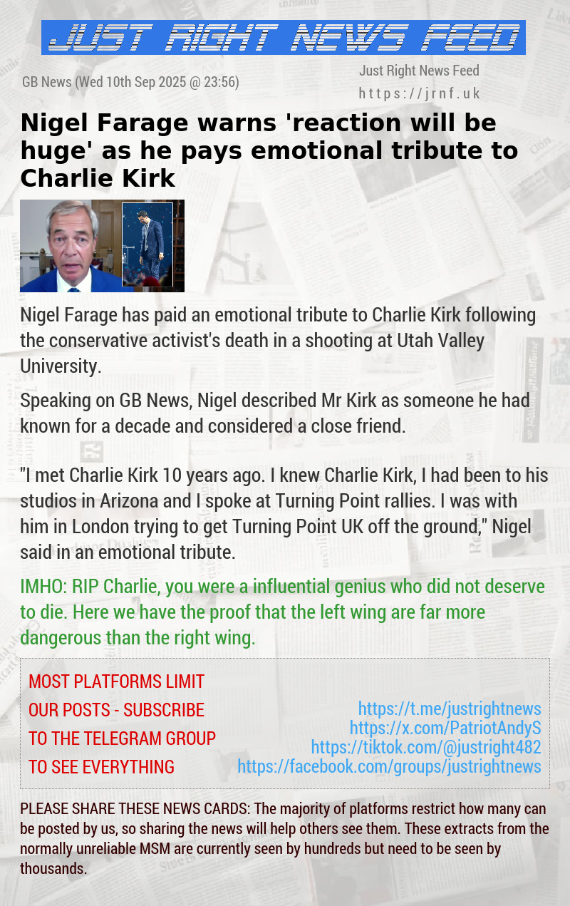 Nigel Farage warns ’reaction will be huge’ as he pays emotional tribute to Charlie Kirk