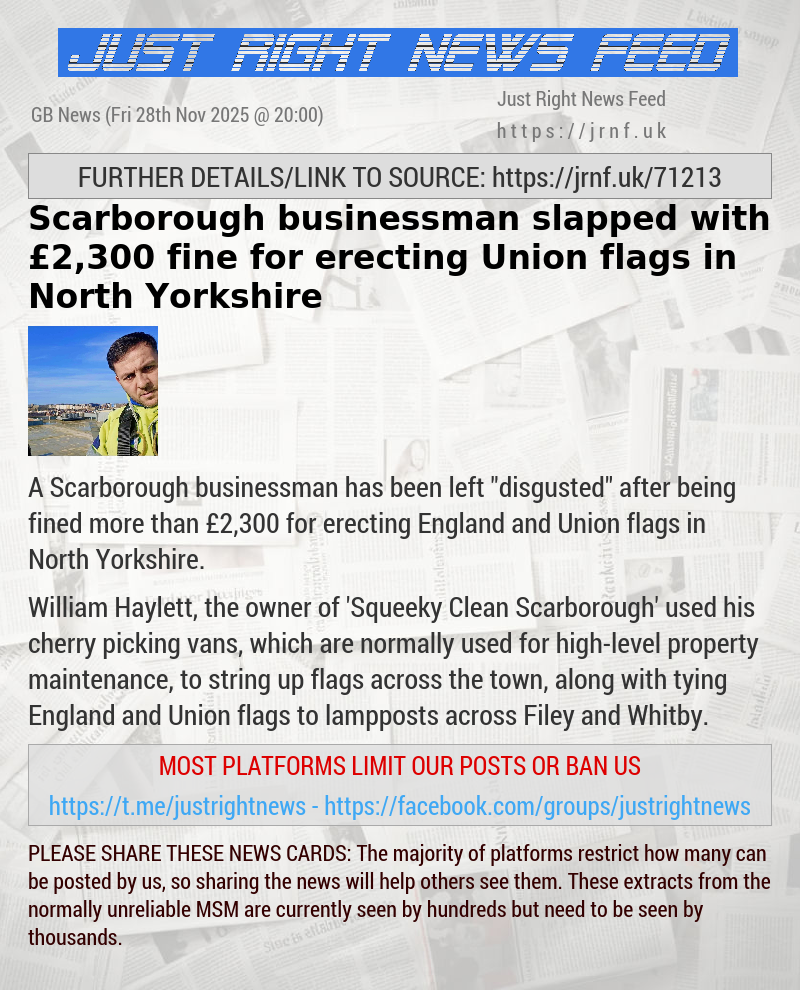 Scarborough businessman slapped with &pound;2,300 fine for erecting Union flags in North Yorkshire