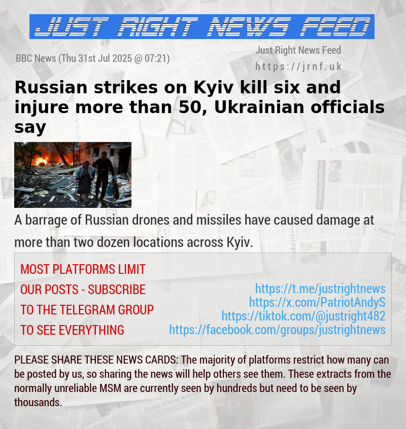 Russian strikes on Kyiv kill six and injure more than 50, Ukrainian officials say