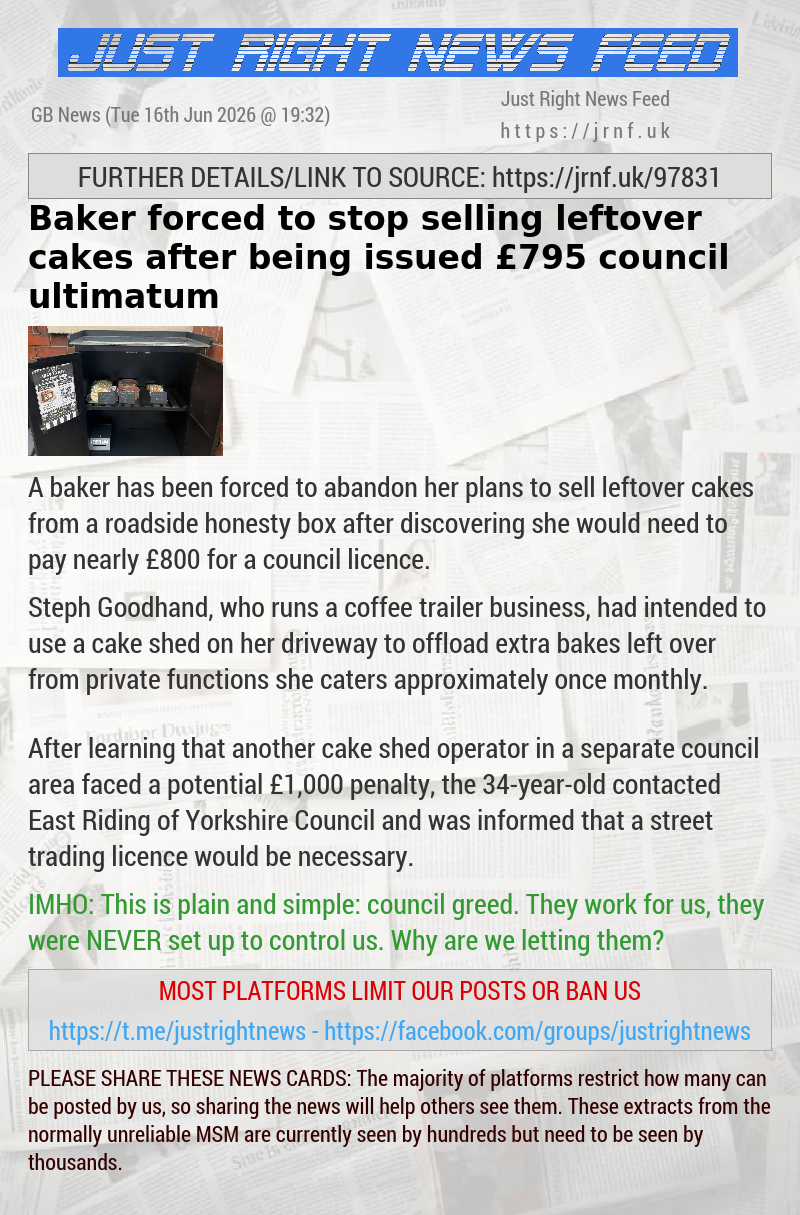 Baker forced to stop selling leftover cakes after being issued &pound;795 council ultimatum