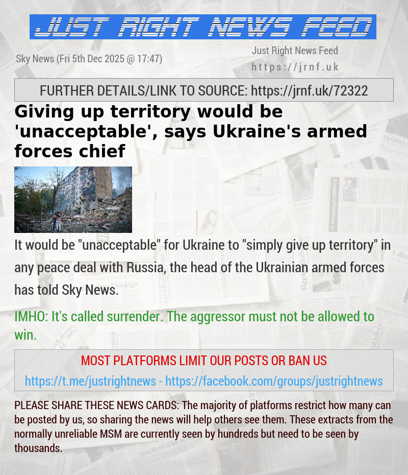 Giving up territory would be ’unacceptable’, says Ukraine’s armed forces chief