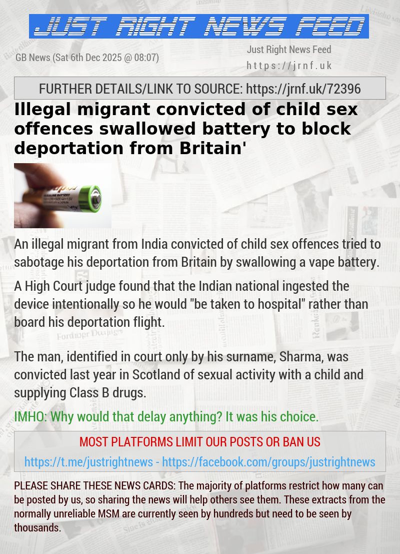 Illegal migrant convicted of child sex offences ‘swallowed battery to block deportation from Britain’