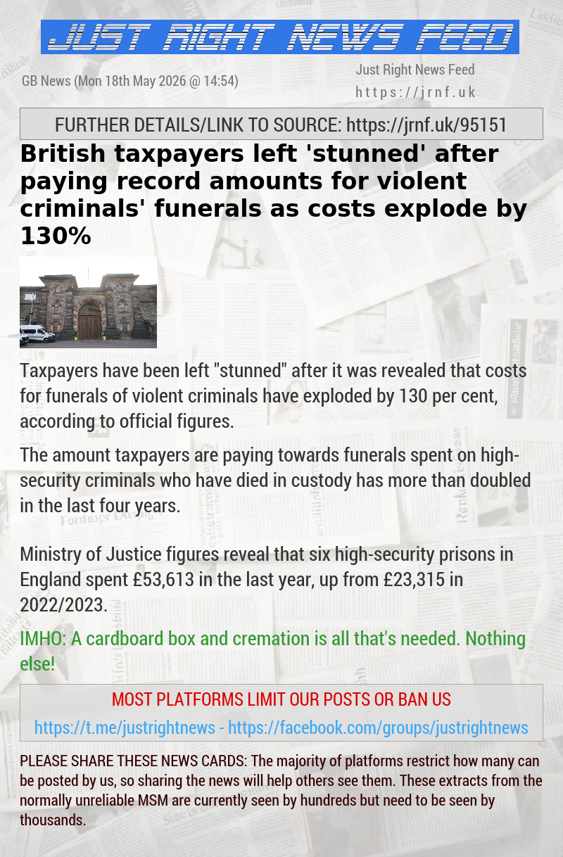 British taxpayers left ’stunned’ after paying record amounts for violent criminals’ funerals as costs explode by 130%