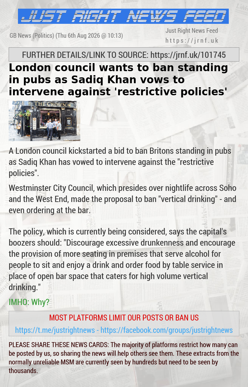 London council wants to ban standing in pubs as Sadiq Khan vows to intervene against ’restrictive policies’