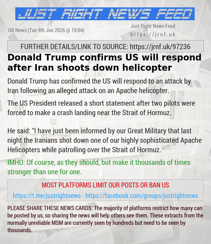 Donald Trump confirms US will respond after Iran shoots down helicopter