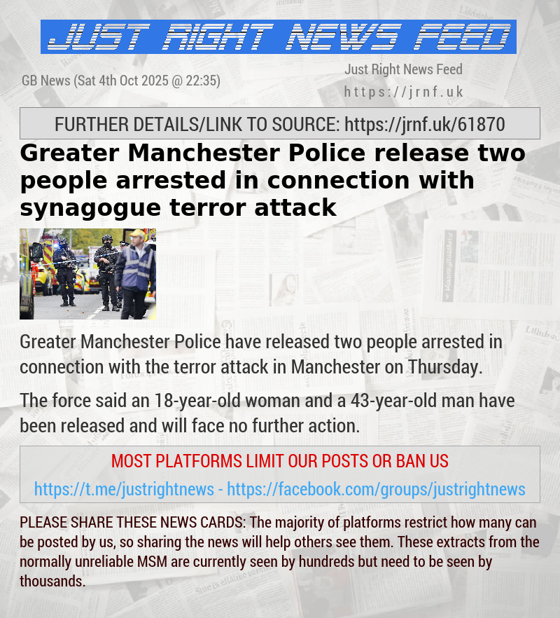 Greater Manchester Police release two people arrested in connection with synagogue terror attack