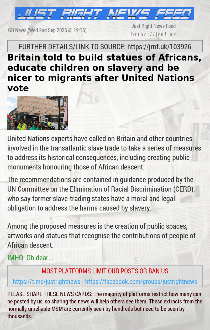 Britain told to build statues of Africans, educate children on slavery and be nicer to migrants after United Nations vote
