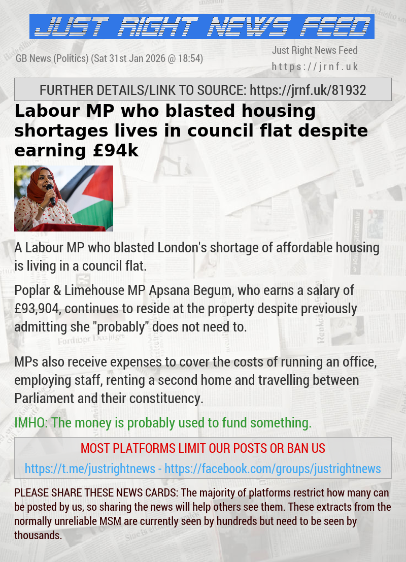 Labour MP who blasted housing shortages lives in council flat despite earning &pound;94k