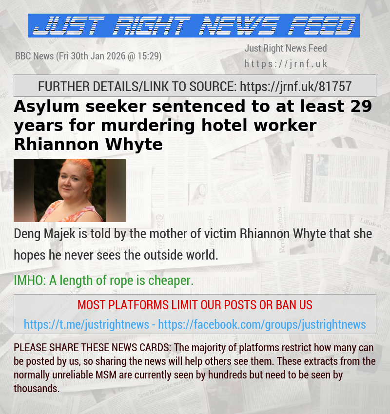 Asylum seeker sentenced to at least 29 years for murdering hotel worker Rhiannon Whyte