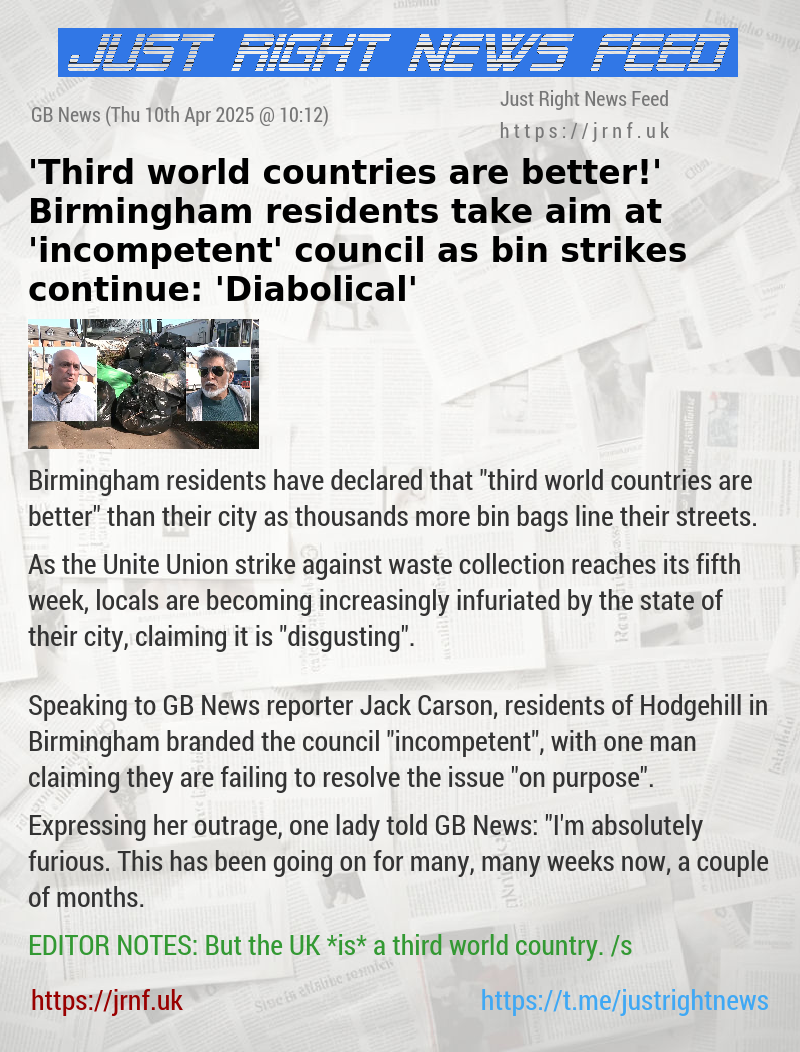 ’Third world countries are better!’ Birmingham residents take aim at ’incompetent’ council as bin strikes continue: ’Diabolical’