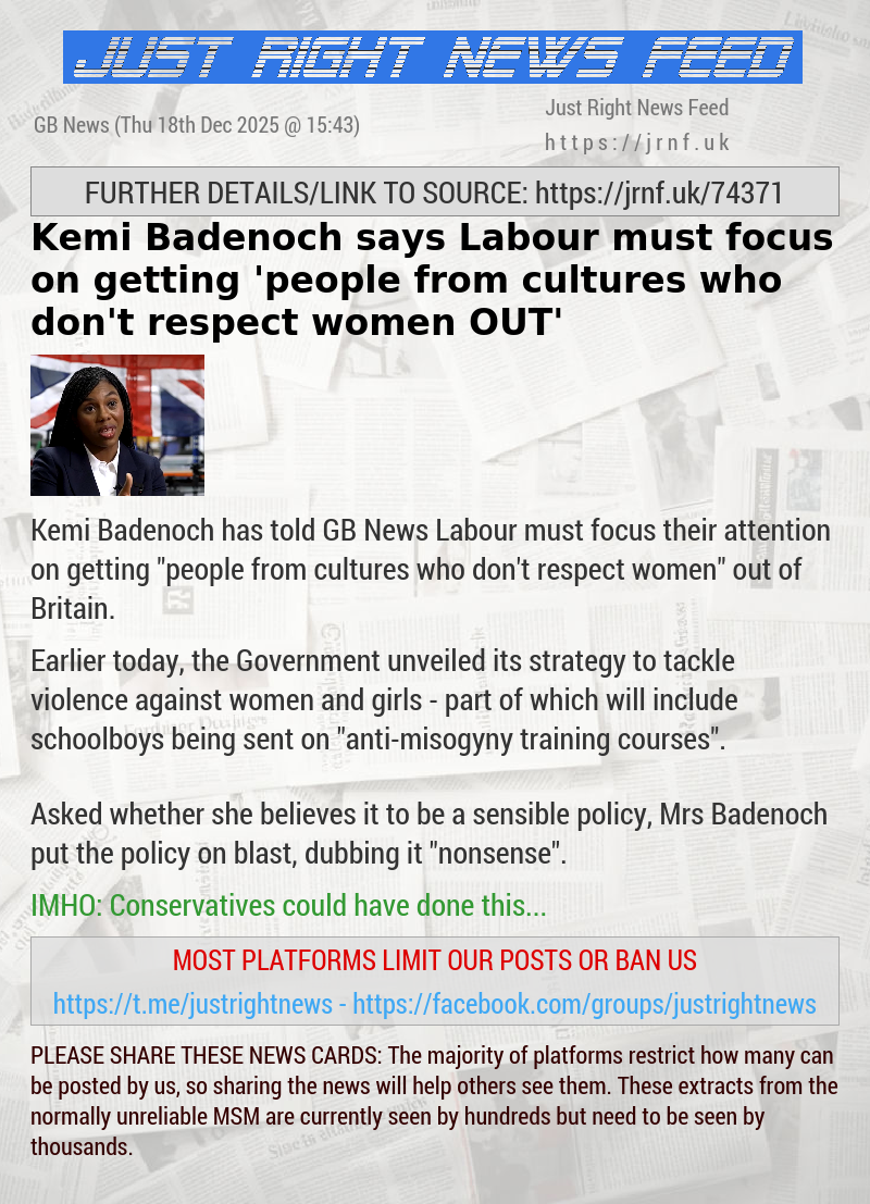 Kemi Badenoch says Labour must focus on getting ’people from cultures who don’t respect women OUT’