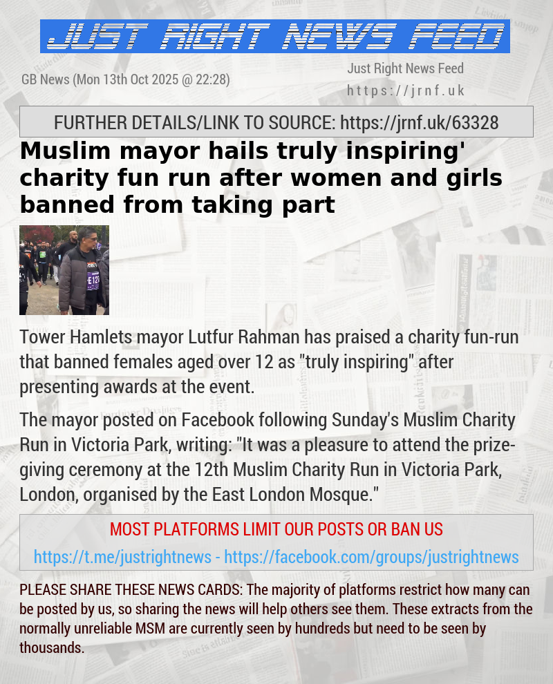 Muslim mayor hails ‘truly inspiring’ charity fun—run after women and girls banned from taking part
