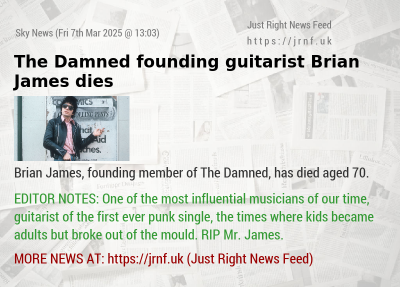 The Damned founding guitarist Brian James dies