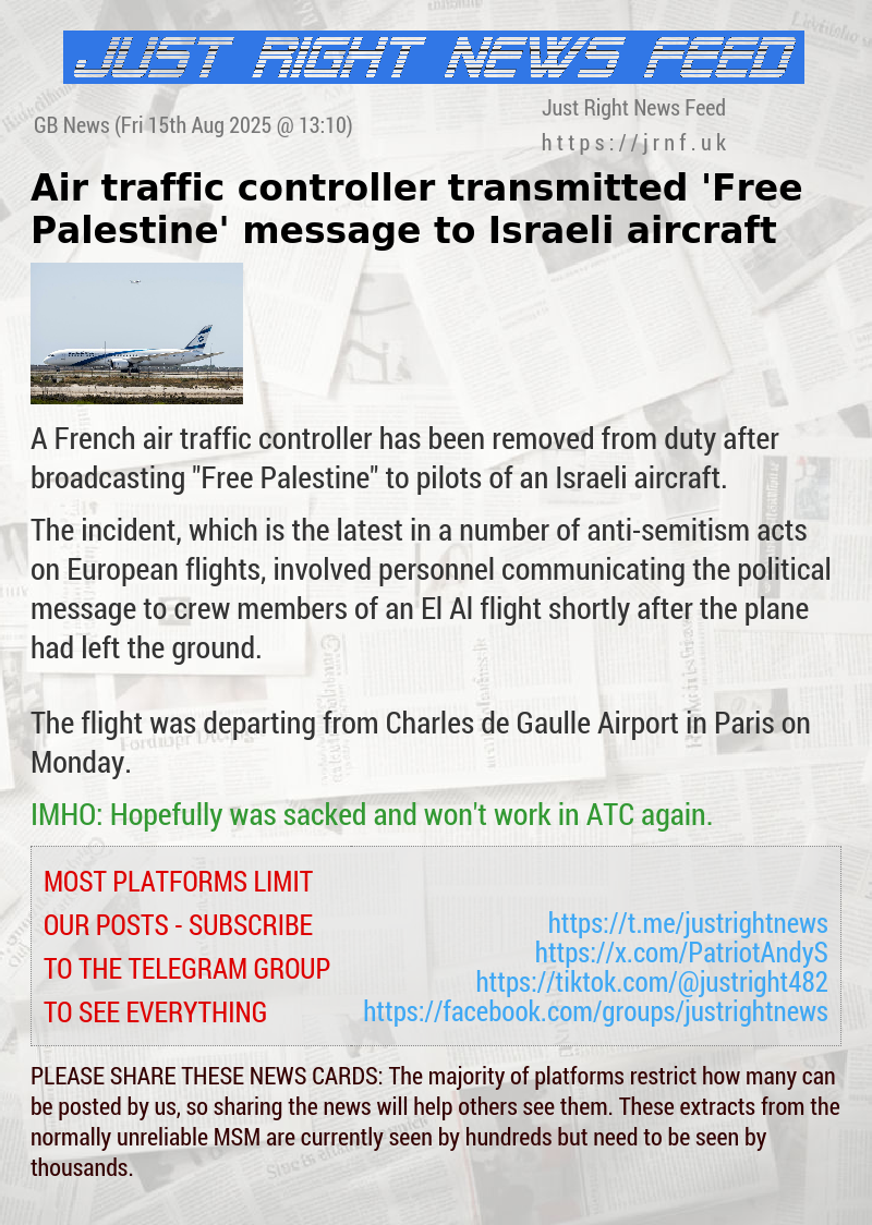 Air traffic controller transmitted ’Free Palestine’ message to Israeli aircraft