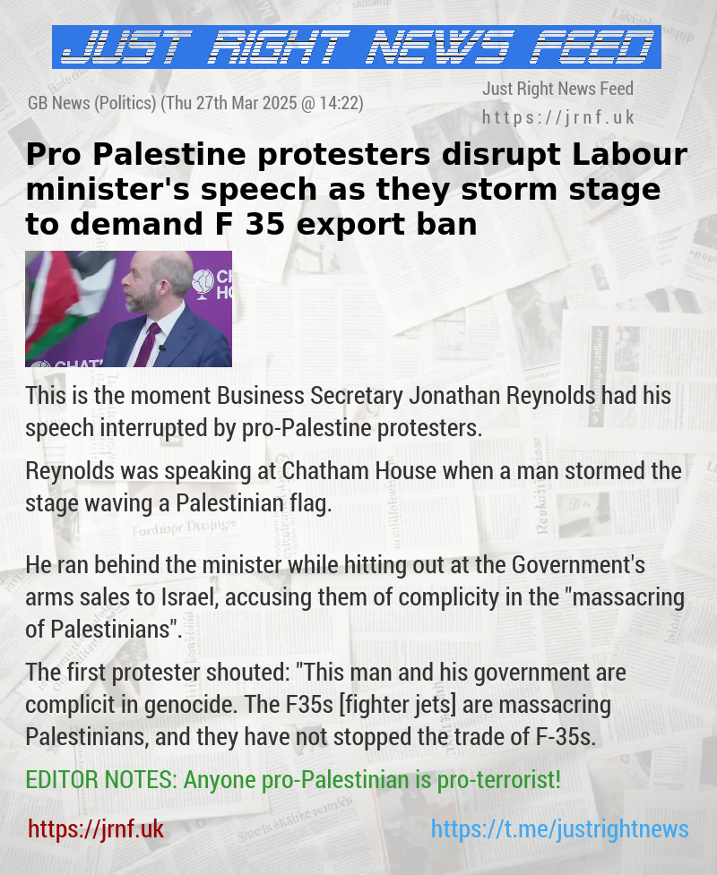 Pro—Palestine protesters disrupt Labour minister’s speech as they storm stage to demand F—35 export ban