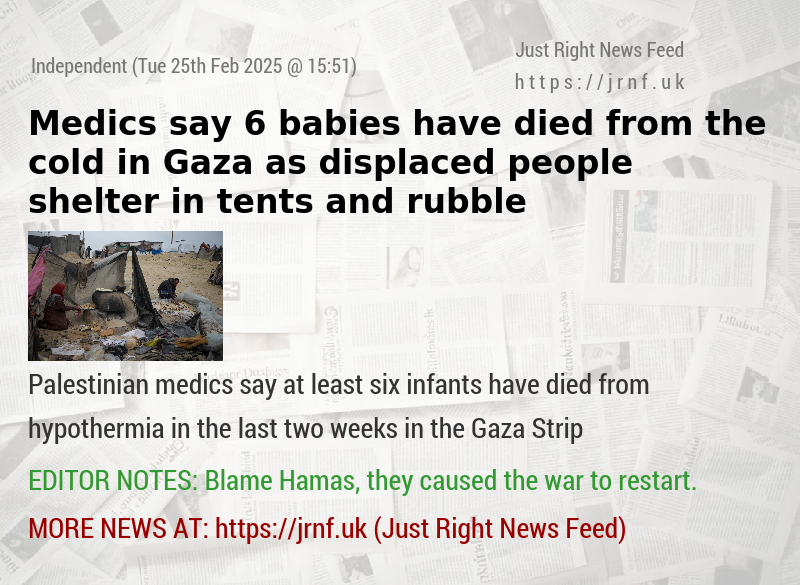 Medics say 6 babies have died from the cold in Gaza as displaced people shelter in tents and rubble