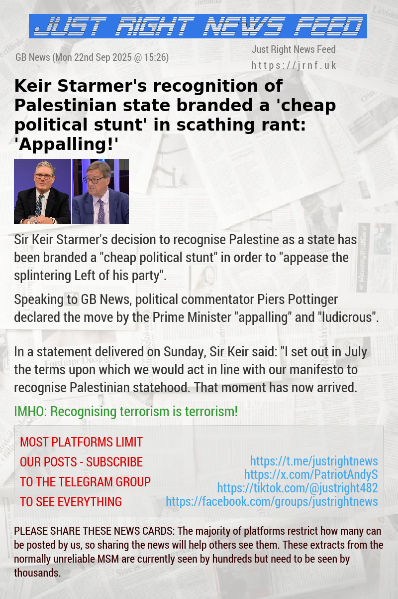 Keir Starmer’s recognition of Palestinian state branded a ’cheap political stunt’ in scathing rant: ’Appalling!’