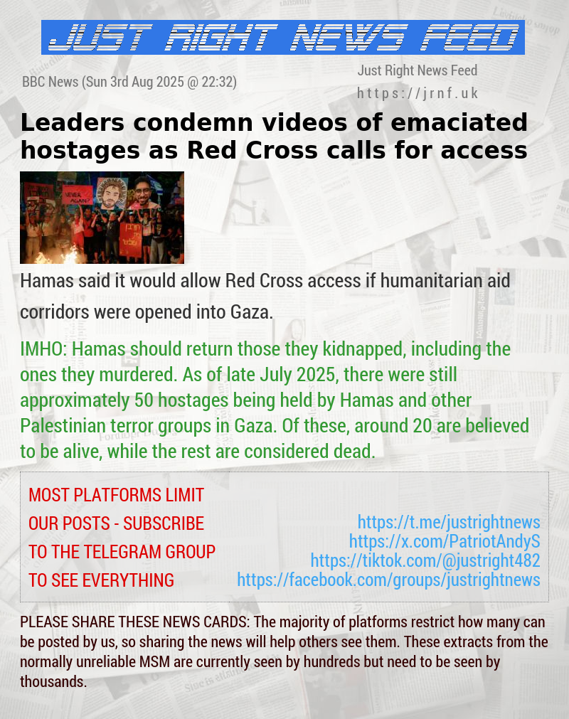 Leaders condemn videos of emaciated hostages as Red Cross calls for access
