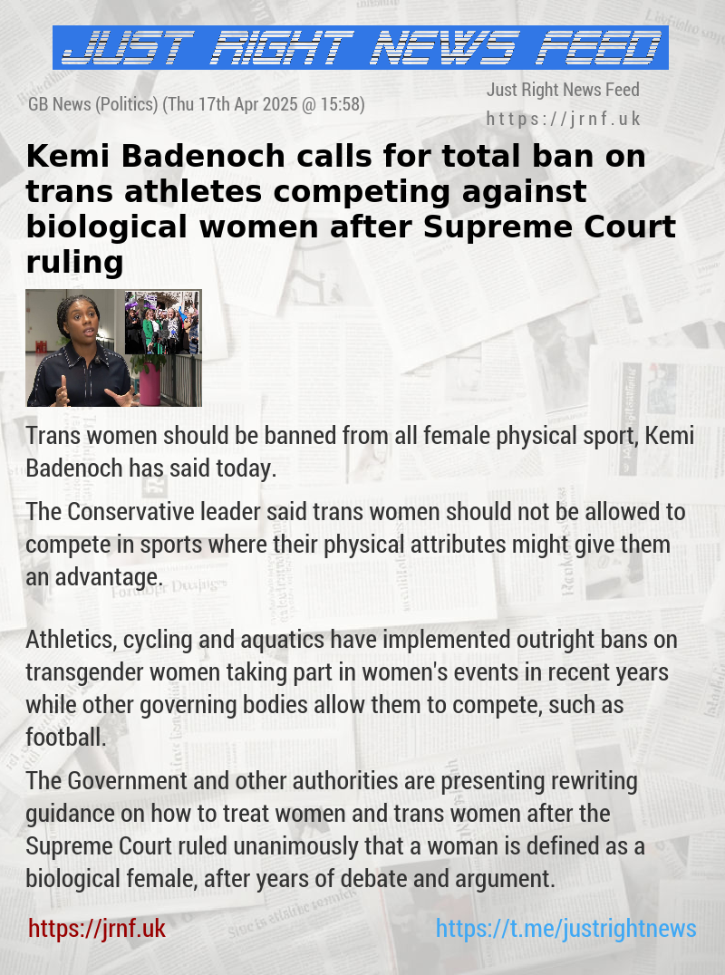 Kemi Badenoch calls for total ban on trans athletes competing against biological women after Supreme Court ruling