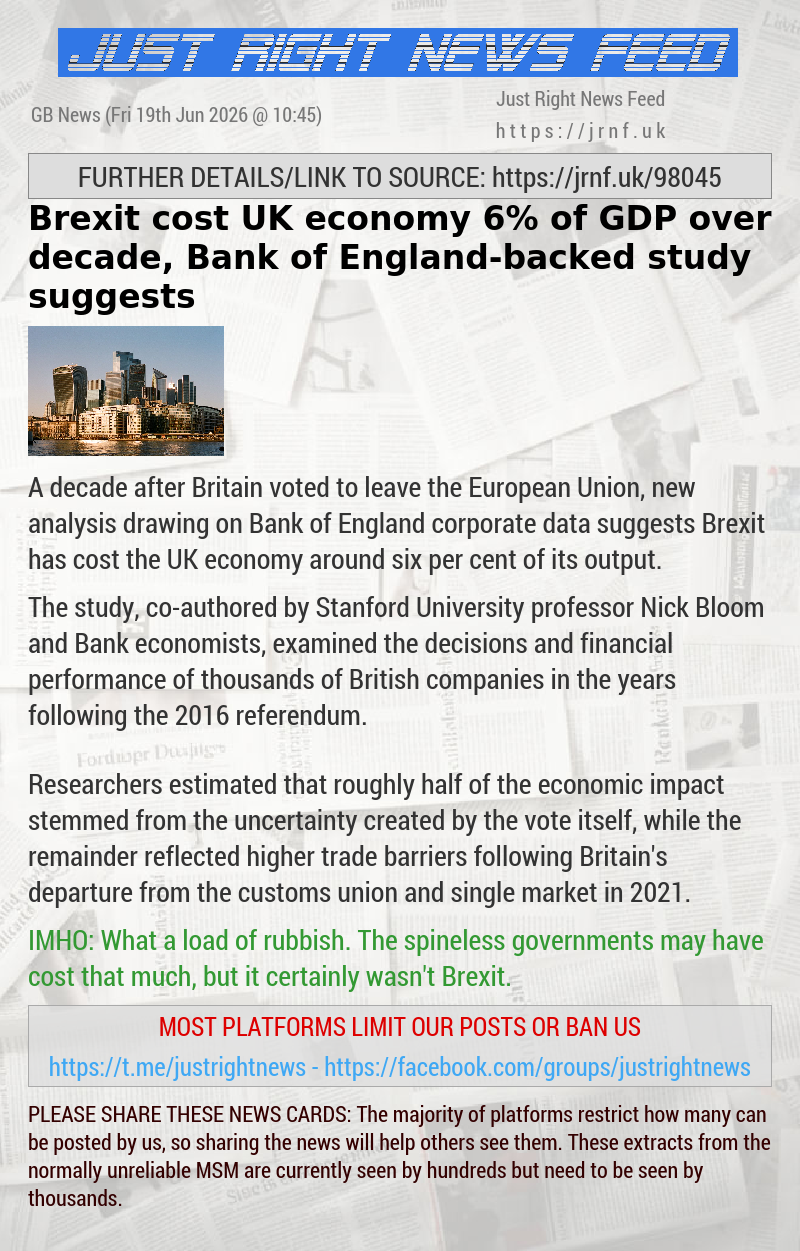 Brexit cost UK economy 6% of GDP over decade, Bank of England—backed study suggests